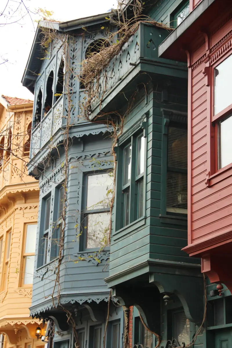 Wooden bay windows painted in different colours on an old street in Kuzguncuk, Istanbul