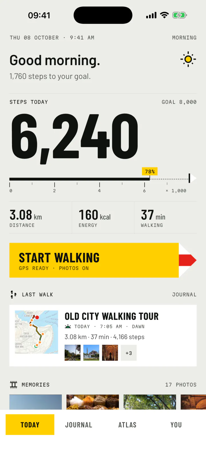The forWalking Today screen with the day's steps and the last walk