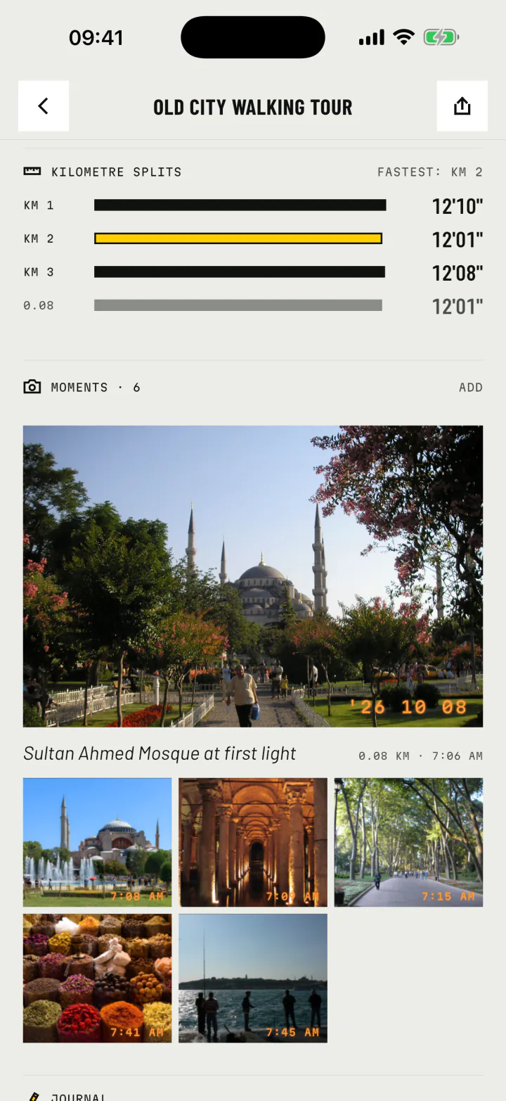 The trail report's moments: photos of the old city with captions, times and places, and kilometre splits above