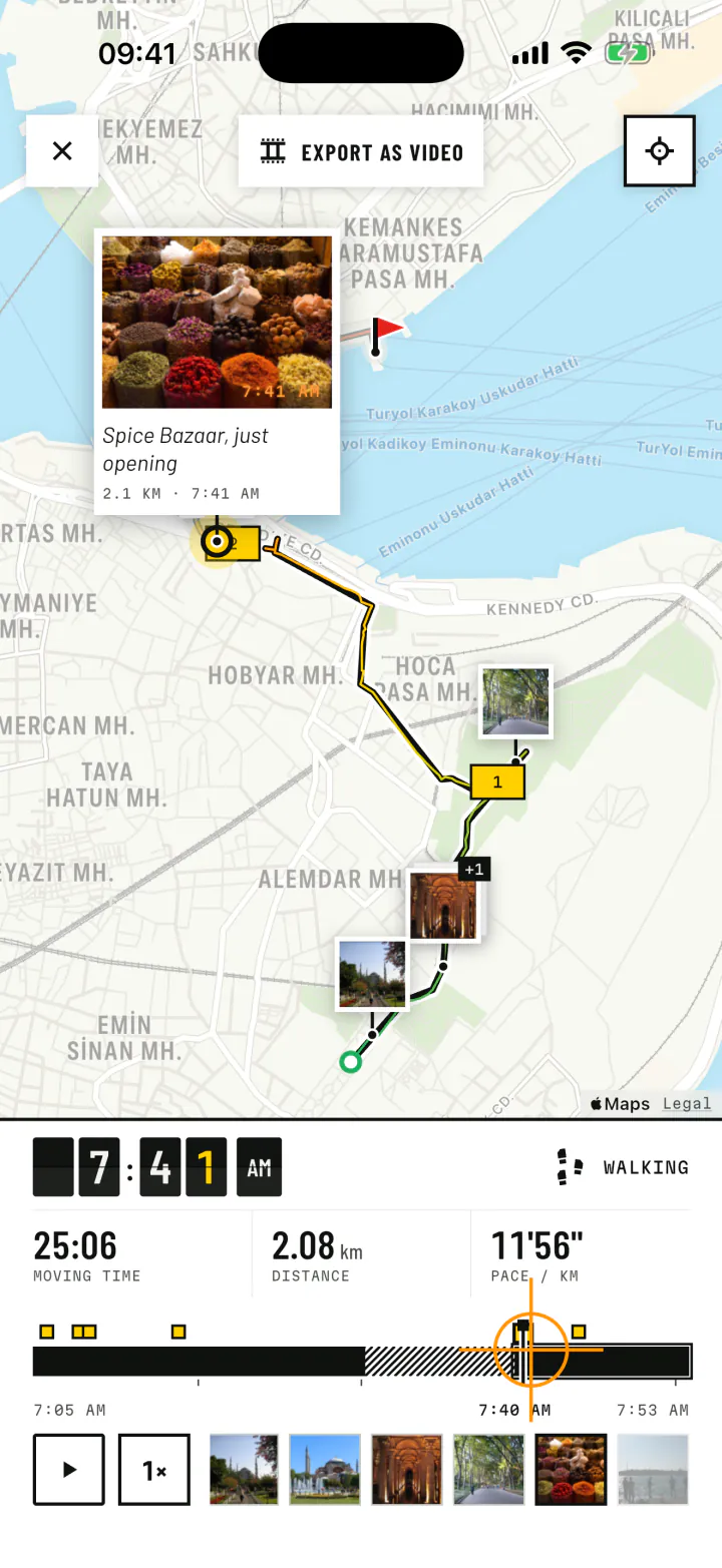 The replay of a walk: a photo of the Spice Bazaar rising on the map while the timeline plays at 7:41 AM