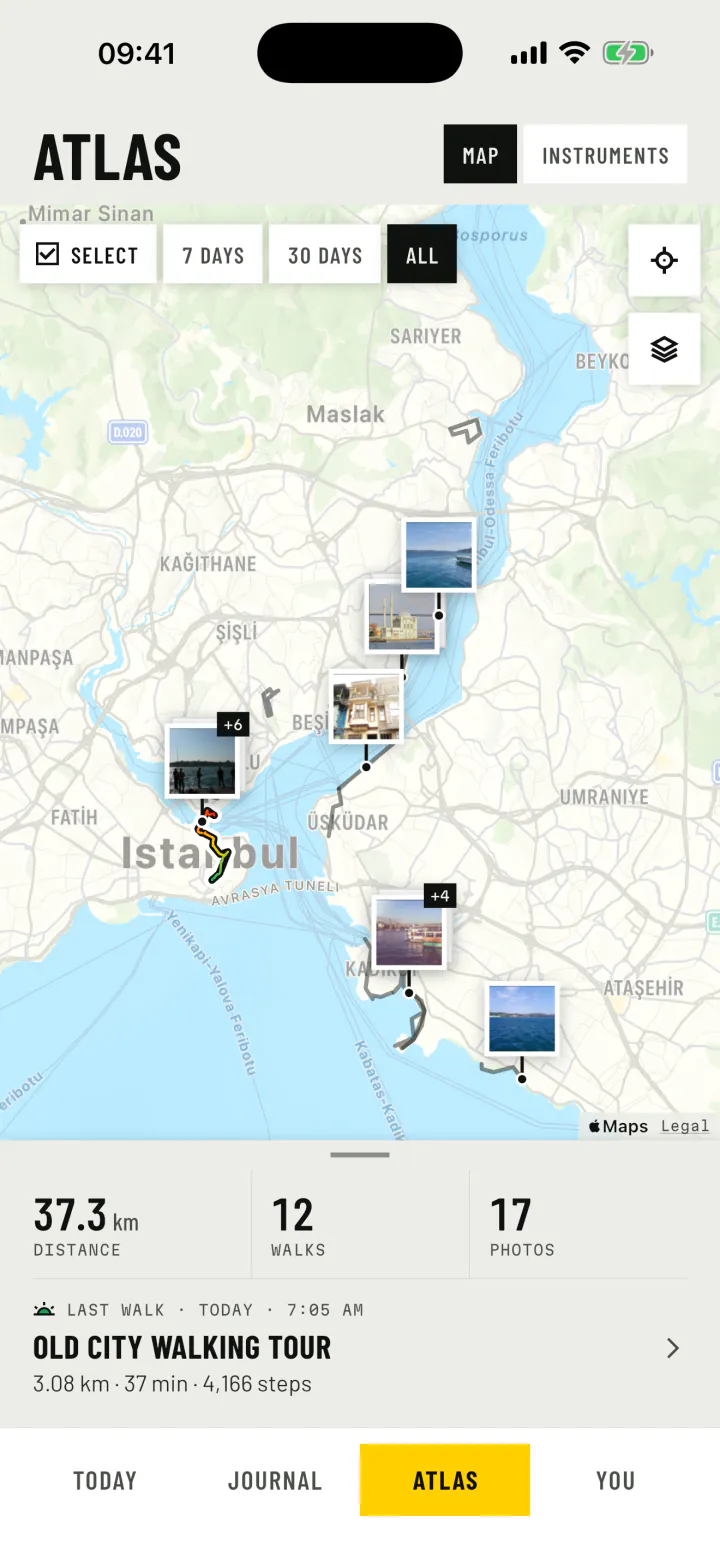 The Atlas: every walk of two weeks drawn on one map of Istanbul, with photo prints