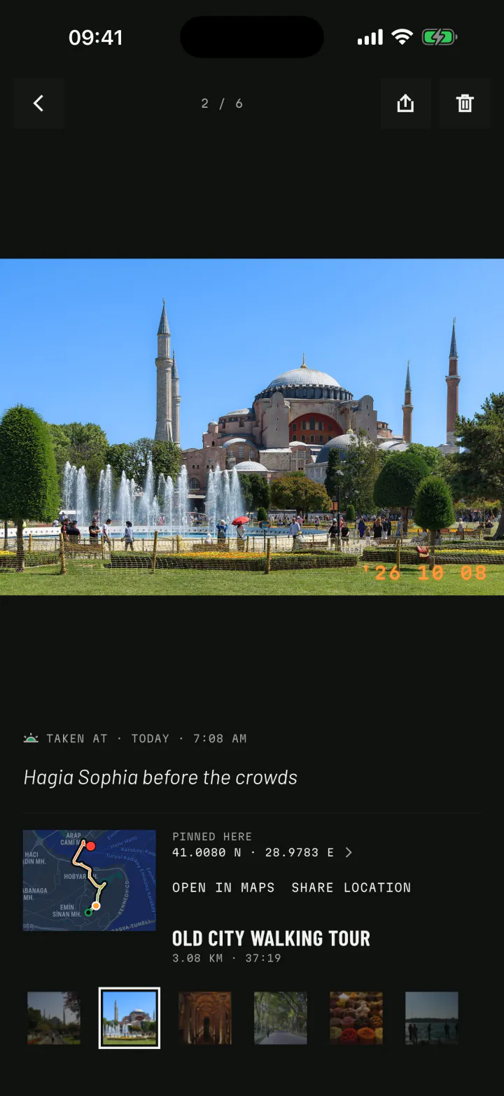 A photo memory of Hagia Sophia with the time it was taken and the walk it belongs to