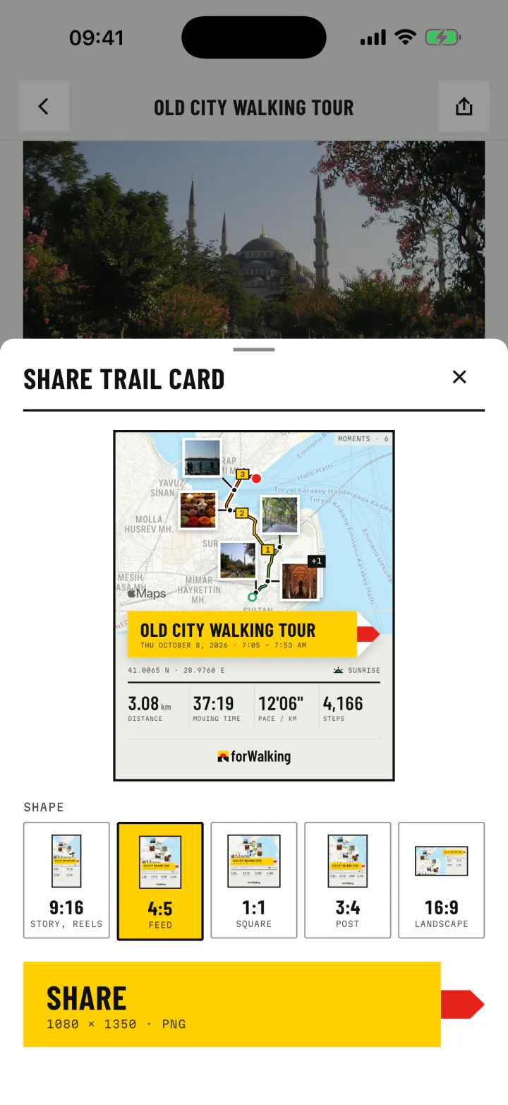 The share sheet: an Old City walking tour card with its route, photos and numbers, and five frame shapes to choose from