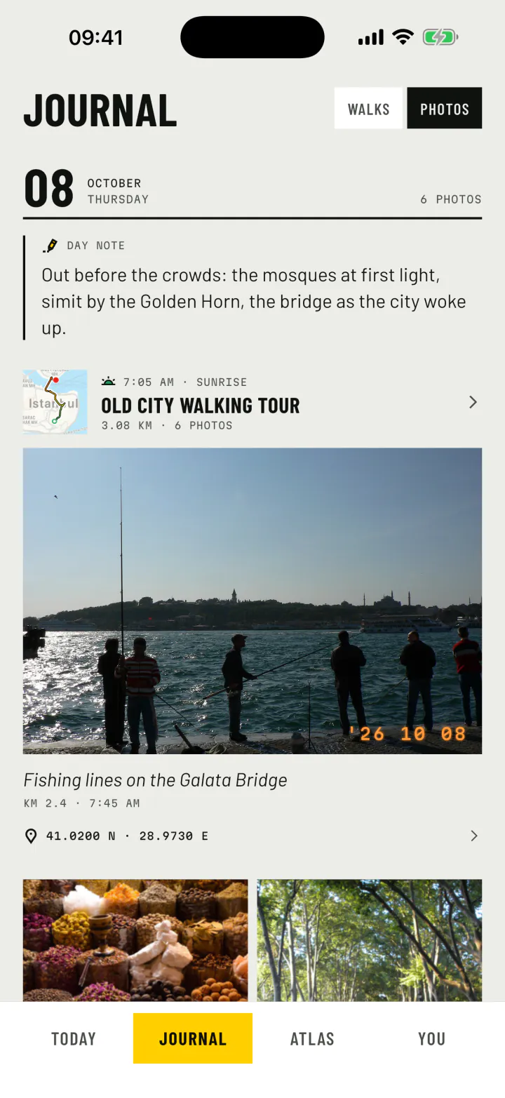 The Journal as a photo diary: a day note and large photos of the walk with captions